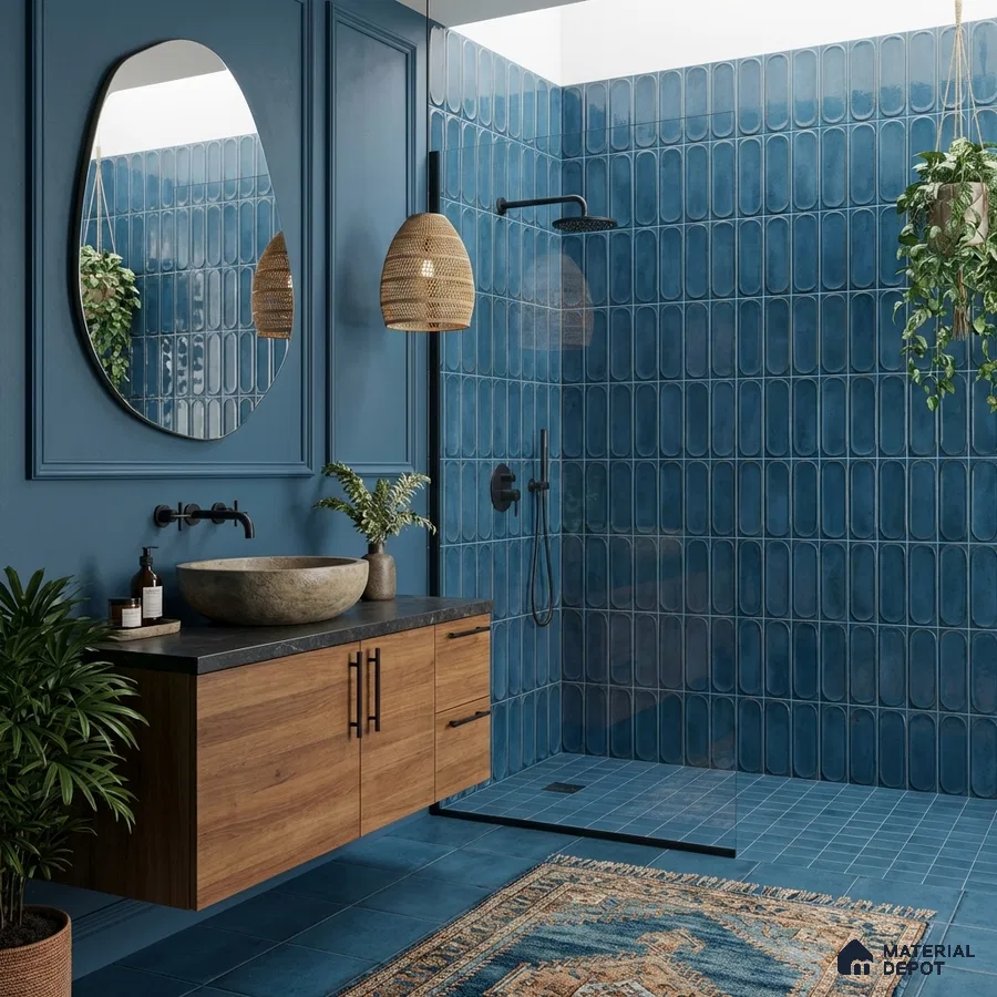 Modern bathroom with blue elongated subway wall tiles, wooden floating vanity, and matte black fixtures