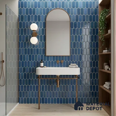 Modern bathroom with blue fishscale wall tiles and light wood floor