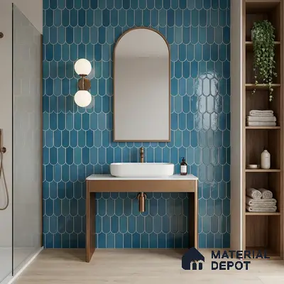 Modern bathroom with blue fishscale wall tiles and light wood vanity