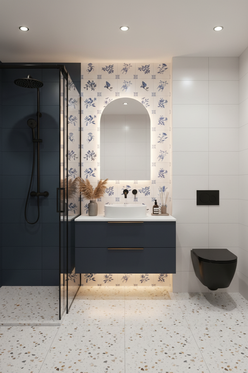 Modern bathroom with blue floral accent wall tiles, terrazzo floor tiles, and navy vanity in Bengaluru | Material Depot