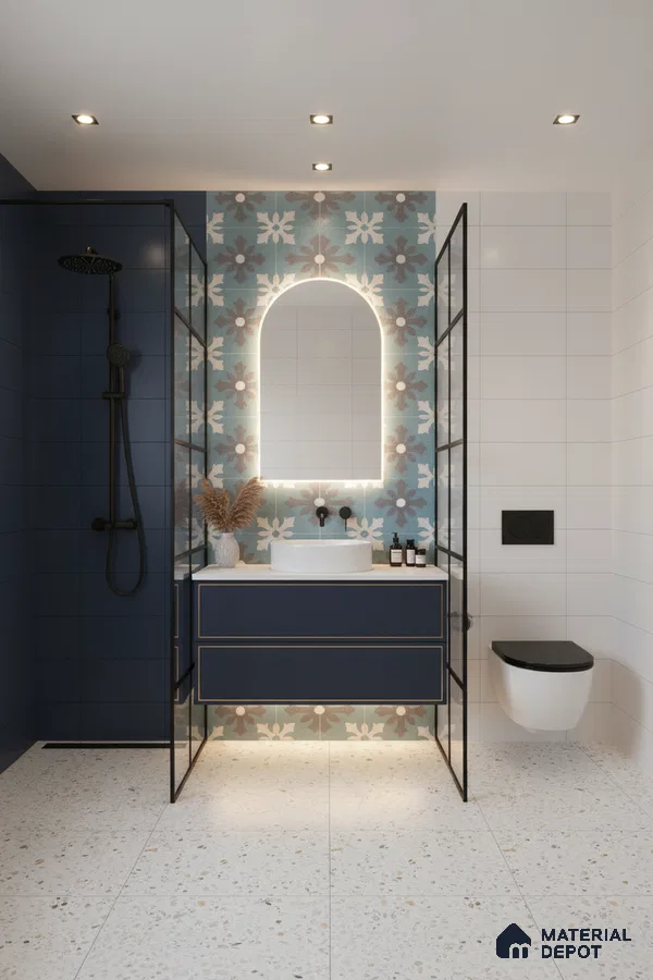Modern bathroom with blue floral patterned highlighter wall tile, navy blue vanity, and terrazzo floor tiles in Bengaluru | Material Depot