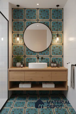 Modern bathroom with blue floral patterned tiles and natural oak floating vanity in Bengaluru | Material Depot