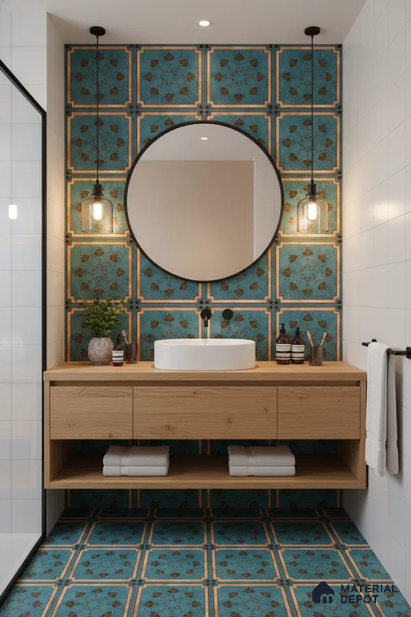Modern bathroom with blue floral patterned tiles and natural oak floating vanity in Bengaluru | Material Depot