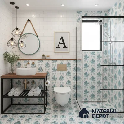 Modern bathroom with blue floral patterned tiles and white subway wall tiles in Bengaluru | Material Depot