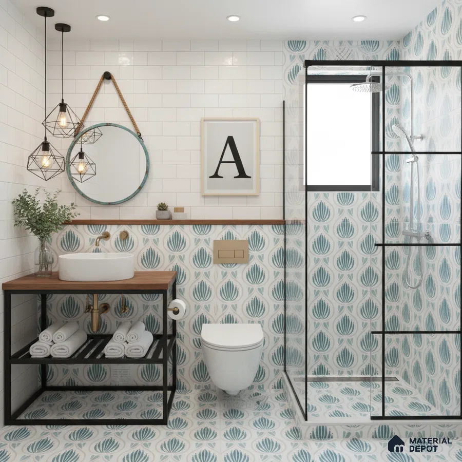 Modern bathroom with blue floral patterned tiles and white subway wall tiles in Bengaluru | Material Depot
