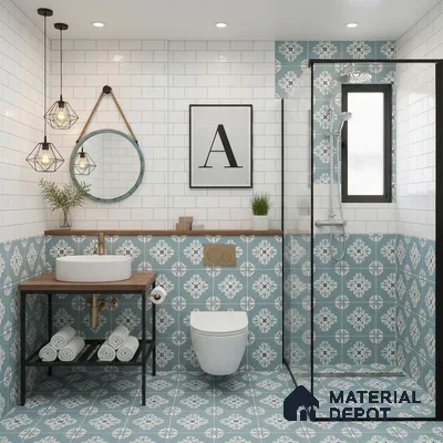 Modern bathroom with blue floral patterned tiles and white subway wall tiles in Bengaluru | Material Depot