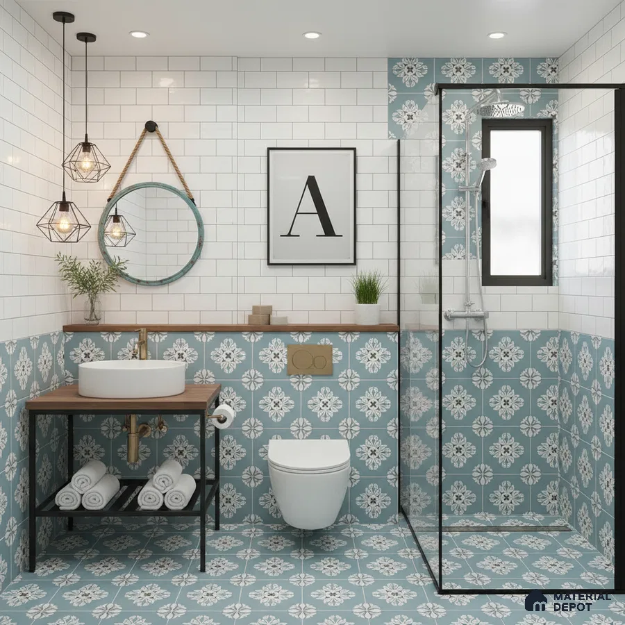 Modern bathroom with blue floral patterned tiles and white subway wall tiles in Bengaluru | Material Depot
