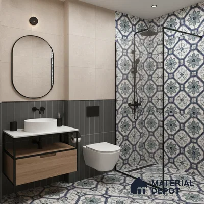 Modern bathroom with blue floral patterned tiles, grey vertical subway wall tiles, and light beige wall tiles in Bengaluru | Material Depot