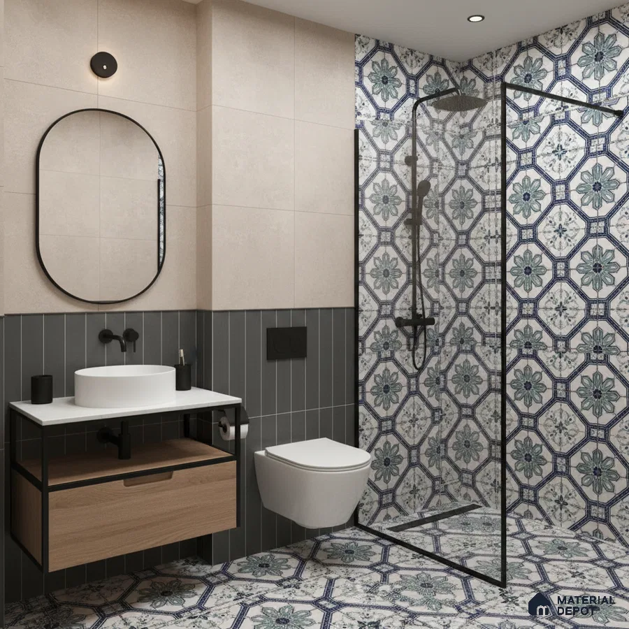 Modern bathroom with blue floral patterned tiles, grey vertical subway wall tiles, and light beige wall tiles in Bengaluru | Material Depot