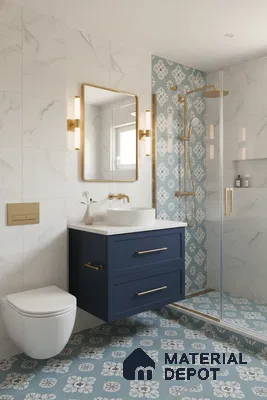 Modern bathroom with blue floral patterned tiles, marble-look wall tiles, and navy vanity in Bengaluru | Material Depot