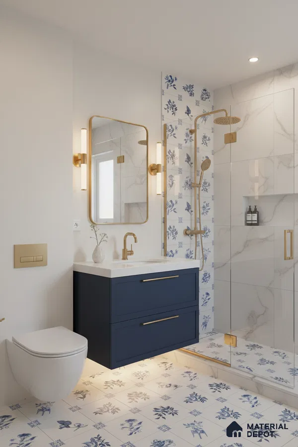 Modern bathroom with blue floral patterned tiles, marble-look wall tiles, and navy vanity in Bengaluru | Material Depot