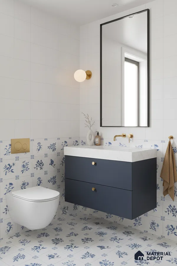 Modern bathroom with blue floral patterned tiles, white marble countertop, and navy vanity in Bengaluru | Material Depot