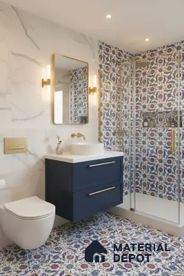 Modern bathroom with blue floral patterned tiles, white marble wall tiles, and navy vanity in Bengaluru | Material Depot