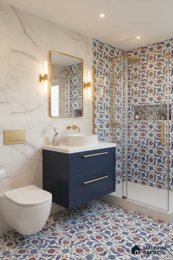 Modern bathroom with blue floral patterned tiles, white marble wall tiles, and navy vanity in Bengaluru | Material Depot