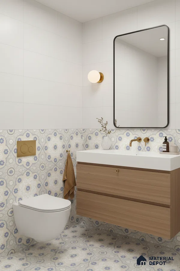 Modern bathroom with blue floral patterned tiles, white wall tiles, and light oak floating vanity in Bengaluru | Material Depot