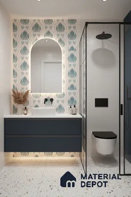 Modern bathroom with blue floral patterned wall tiles, terrazzo floor tiles, and matte blue vanity in Bengaluru | Material Depot