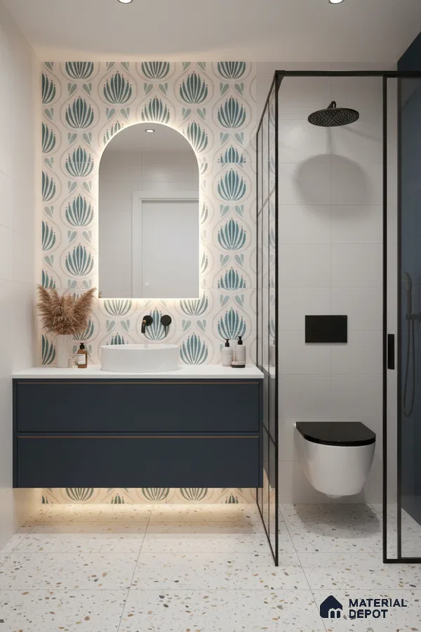 Modern bathroom with blue floral patterned wall tiles, terrazzo floor tiles, and matte blue vanity in Bengaluru | Material Depot