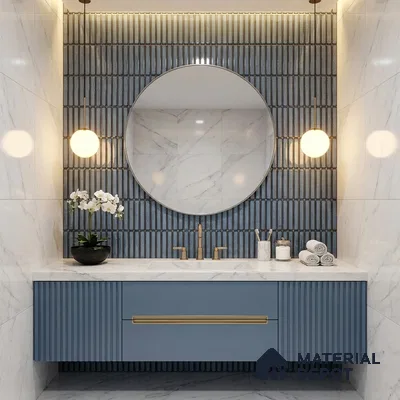 Modern bathroom with blue fluted vanity, white marble wall tiles, and vertical blue kitkat accent tiles
