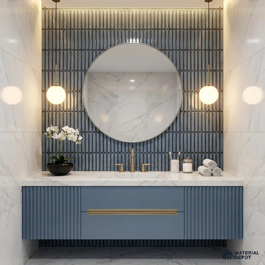 Modern bathroom with blue fluted vanity, white marble wall tiles, and vertical blue kitkat accent tiles