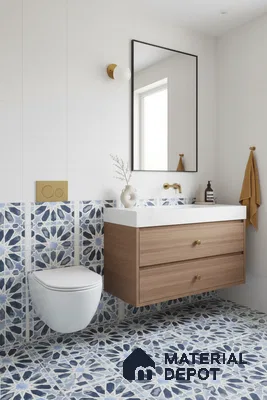 Modern bathroom with blue geometric moroccan tiles and wood vanity in Bengaluru | Material Depot