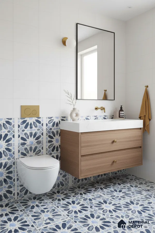 Modern bathroom with blue geometric moroccan tiles and wood vanity in Bengaluru | Material Depot