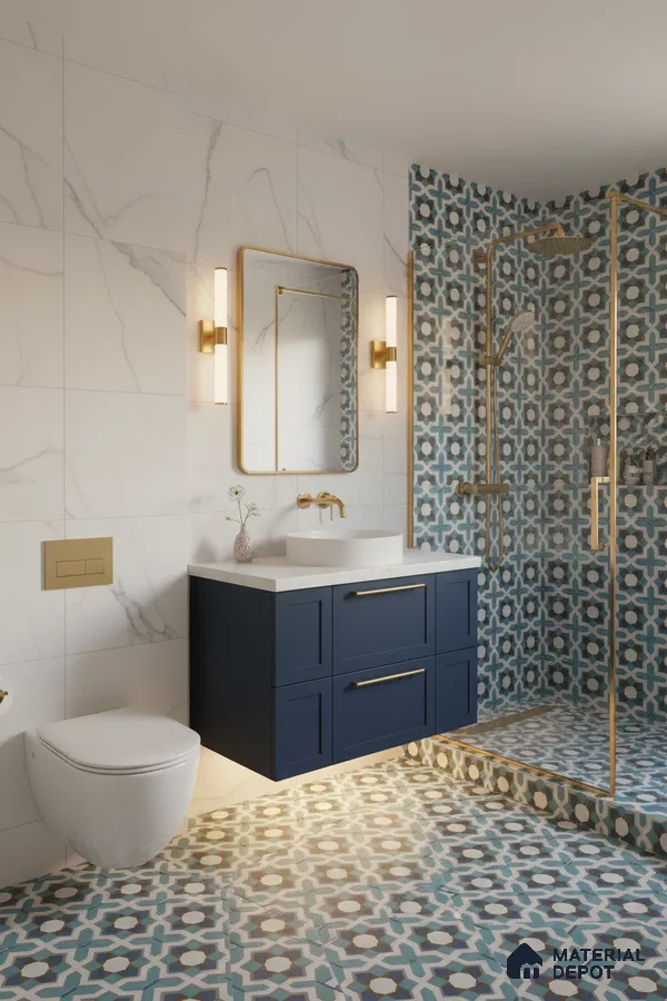 Modern bathroom with blue geometric moroccan tiles, white marble wall tiles, and navy vanity in Bengaluru | Material Depot