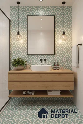 Modern bathroom with blue geometric patterned tiles and light oak floating vanity in Bengaluru | Material Depot