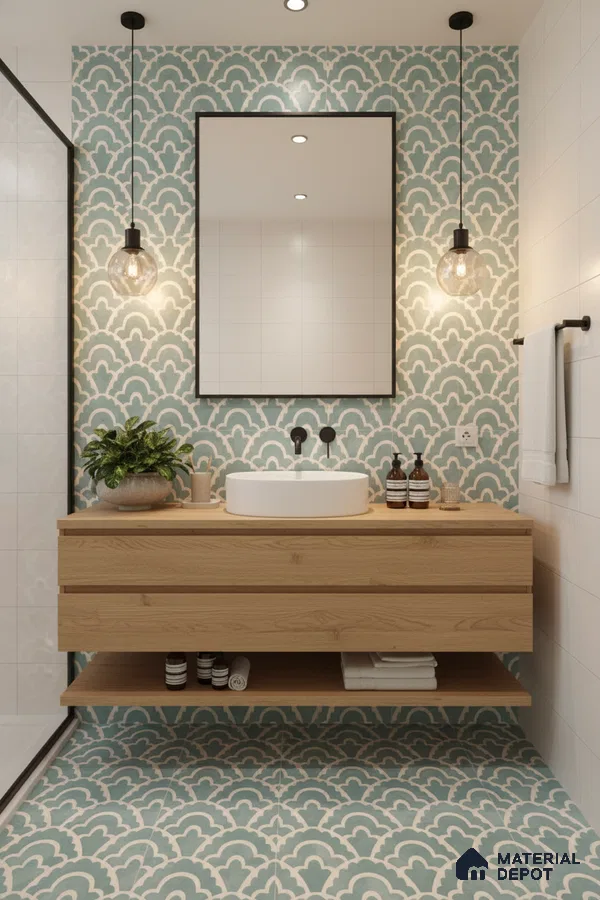 Modern bathroom with blue geometric patterned tiles and light oak floating vanity in Bengaluru | Material Depot