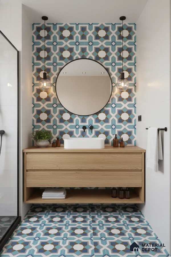 Modern bathroom with blue geometric patterned tiles and light oak vanity in Bengaluru | Material Depot