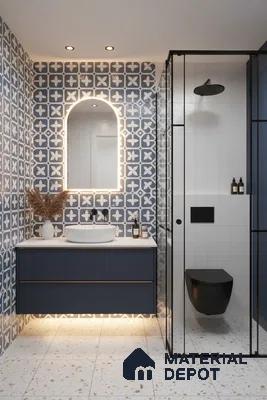 Modern bathroom with blue geometric patterned wall tiles and terrazzo floor tiles in Bengaluru | Material Depot