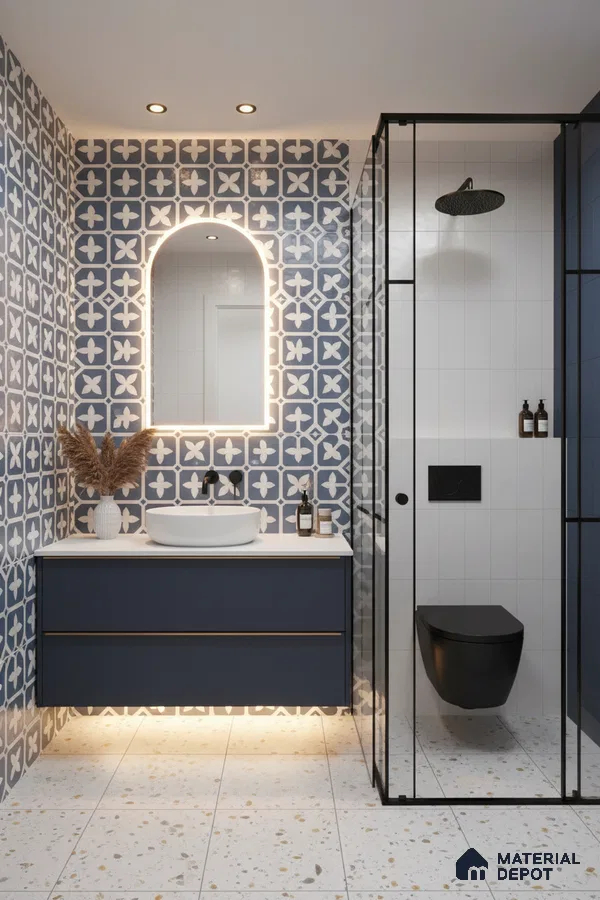 Modern bathroom with blue geometric patterned wall tiles and terrazzo floor tiles in Bengaluru | Material Depot