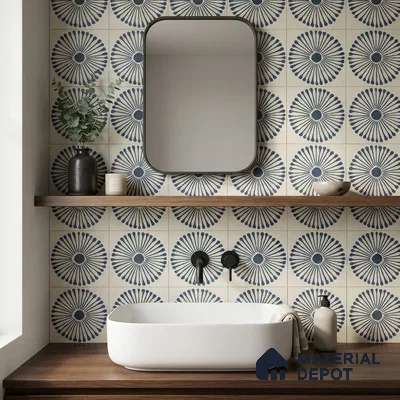 Modern bathroom with blue geometric patterned wall tiles and walnut wood vanity