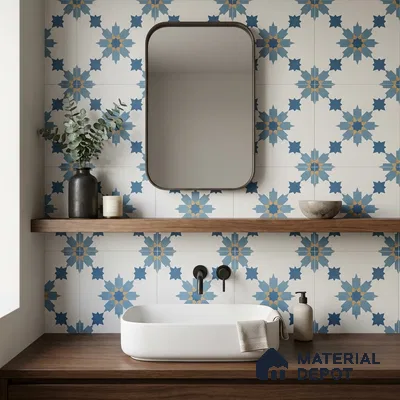 Modern bathroom with blue geometric patterned wall tiles and walnut wood vanity