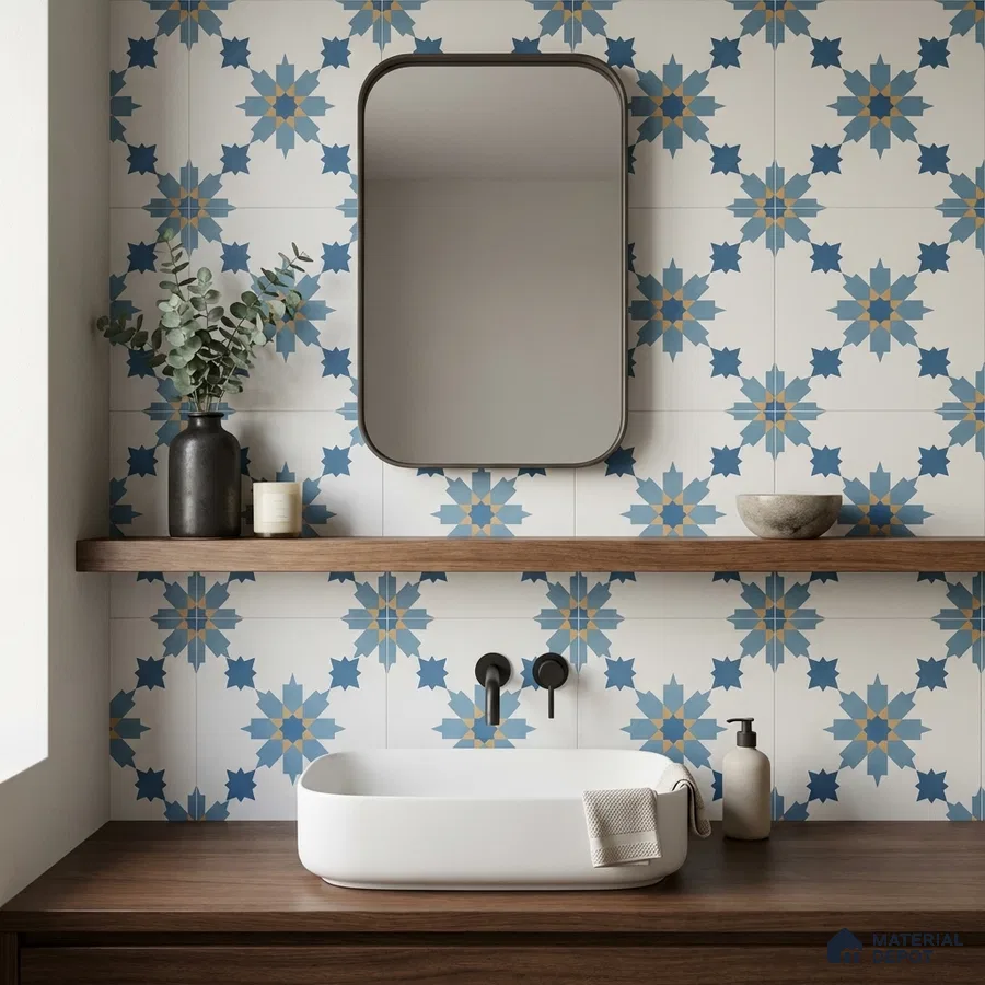 Modern bathroom with blue geometric patterned wall tiles and walnut wood vanity