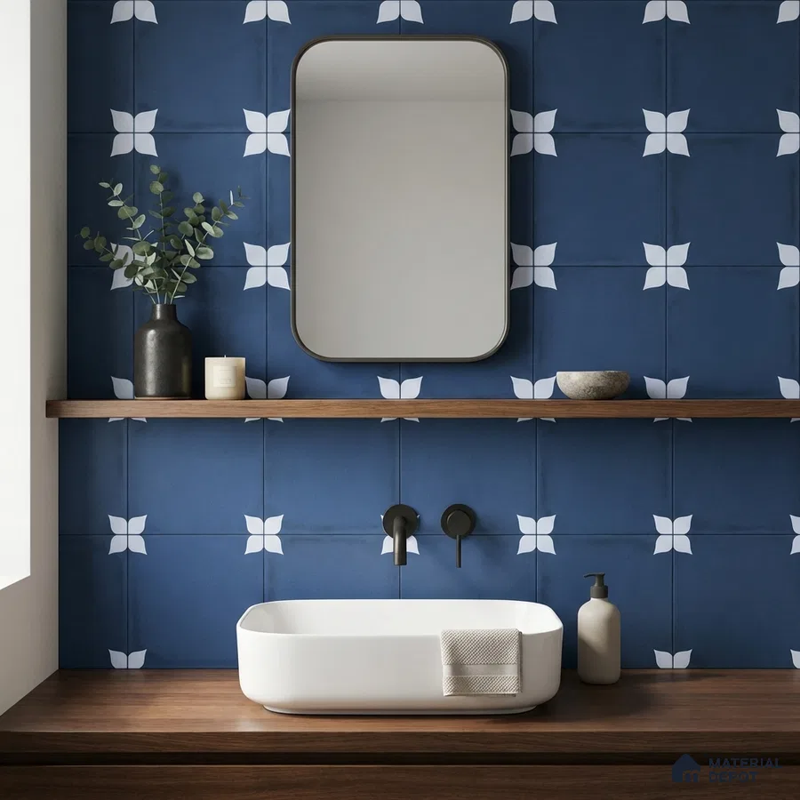 Modern bathroom with blue geometric patterned wall tiles and walnut wood vanity
