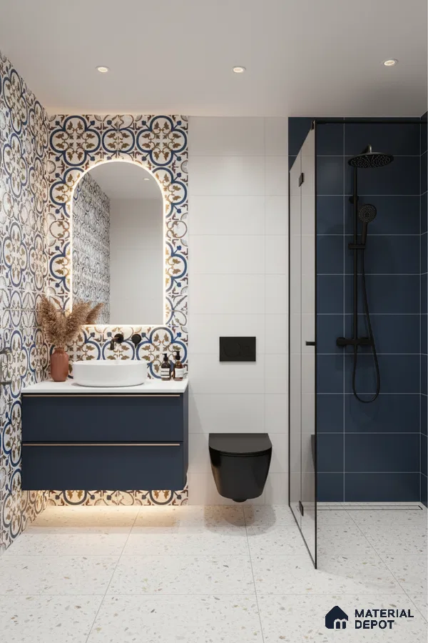 Modern bathroom with blue geometric patterned wall tiles, navy blue vanity, and terrazzo floor tiles in Bengaluru | Material Depot