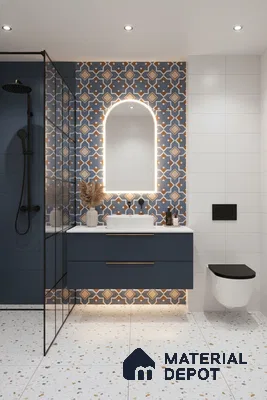 Modern bathroom with blue geometric patterned wall tiles, terrazzo floor tiles, and matte blue vanity in Bengaluru | Material Depot