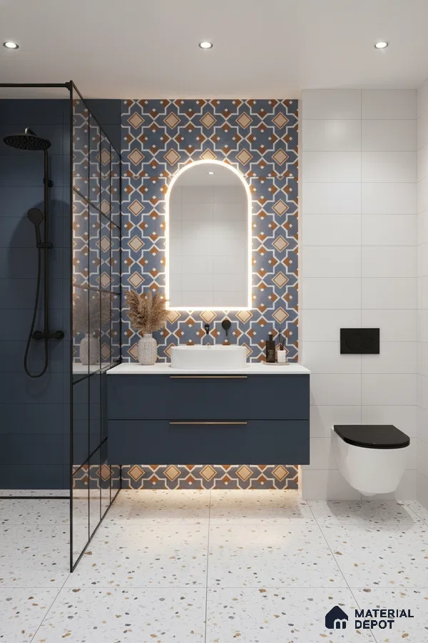 Modern bathroom with blue geometric patterned wall tiles, terrazzo floor tiles, and matte blue vanity in Bengaluru | Material Depot