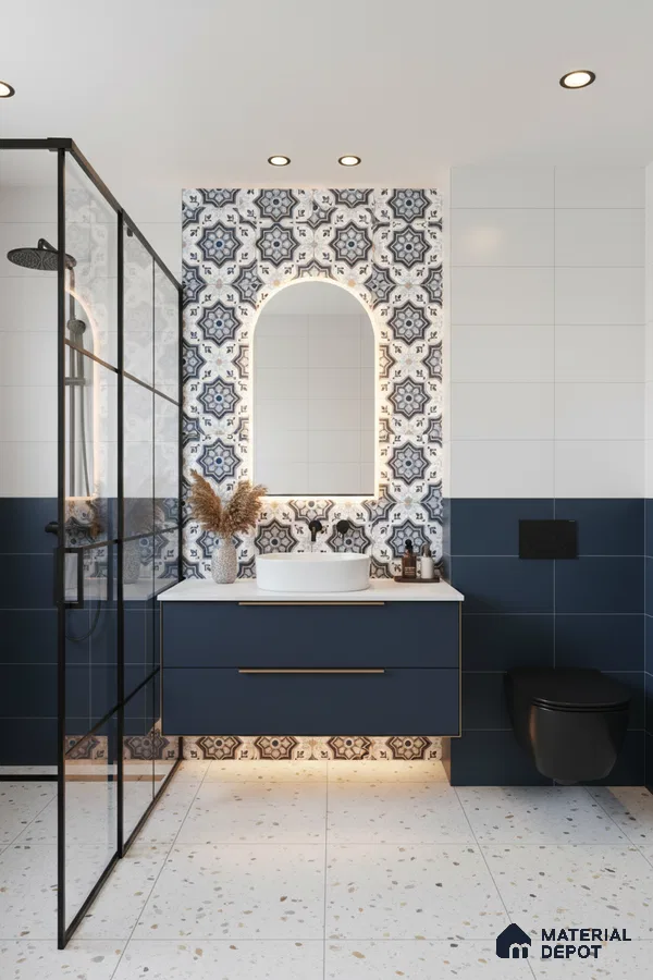 Modern bathroom with blue geometric patterned wall tiles, terrazzo floor tiles, and navy blue vanity in Bengaluru | Material Depot