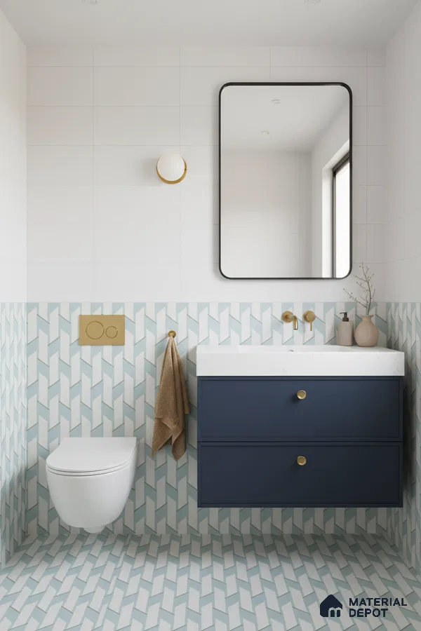 Modern bathroom with blue geometric wall and floor tiles and navy blue vanity in Bengaluru | Material Depot