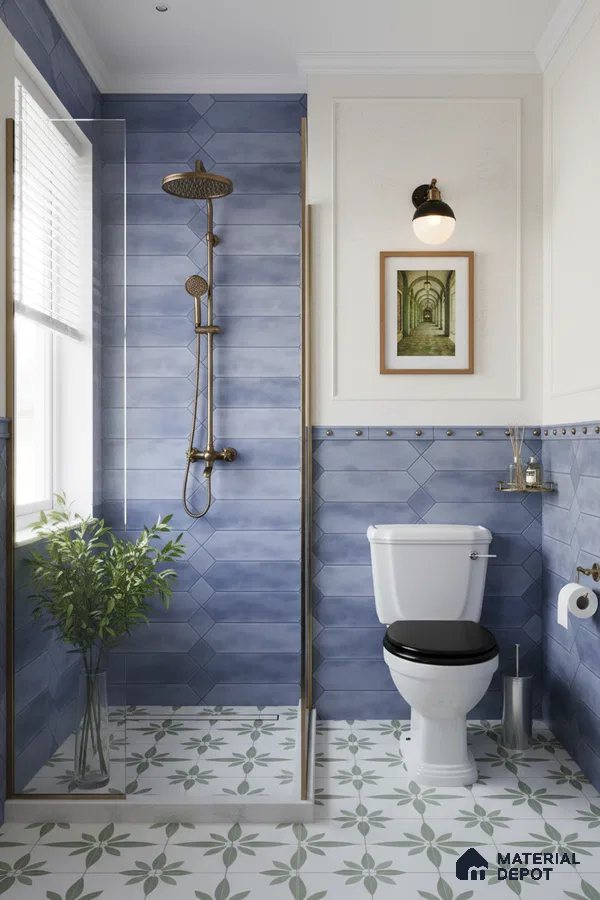 Modern bathroom with blue geometric wall tiles and green floral patterned floor tiles | Material Depot