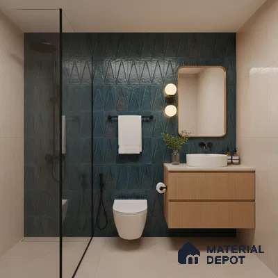 Modern bathroom with blue geometric wall tiles, beige floor tiles, and light wood floating vanity | Material Depot