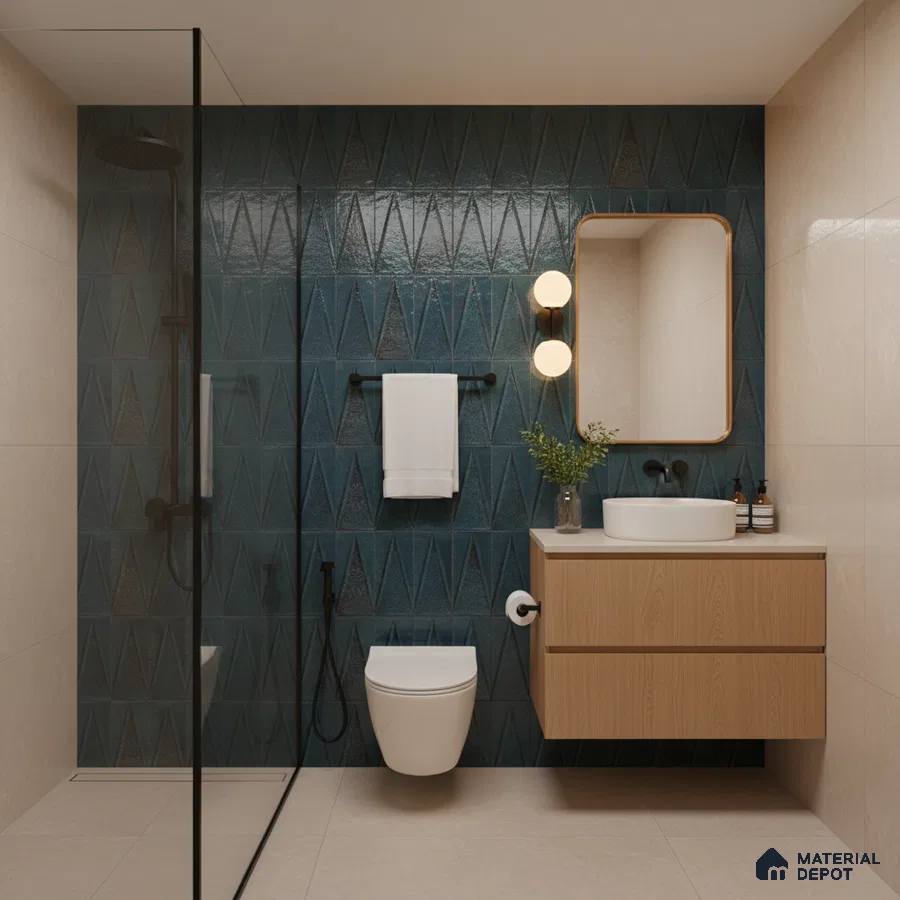 Modern bathroom with blue geometric wall tiles, beige floor tiles, and light wood floating vanity | Material Depot