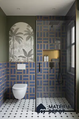 Modern bathroom with blue geometric wall tiles, black-and-white octagonal floor tiles, and tropical wallpaper accent | Material Depot