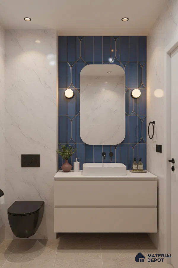Modern bathroom with blue geometric wall tiles, marble-look wall tiles, and beige vanity | Material Depot