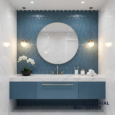 Modern bathroom with blue geometric wall tiles, marble-look wall tiles, and blue fluted vanity