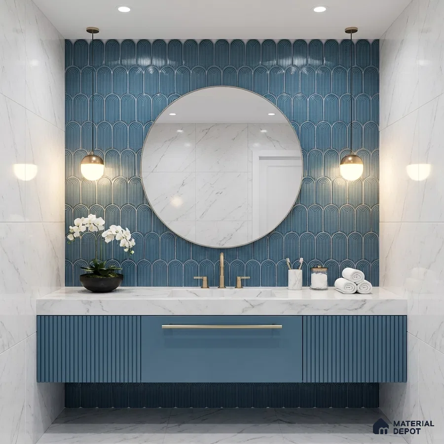 Modern bathroom with blue geometric wall tiles, marble-look wall tiles, and blue fluted vanity