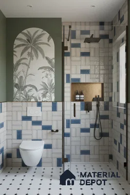 Modern bathroom with blue geometric wall tiles, tropical accent tile, and white geometric floor tiles | Material Depot