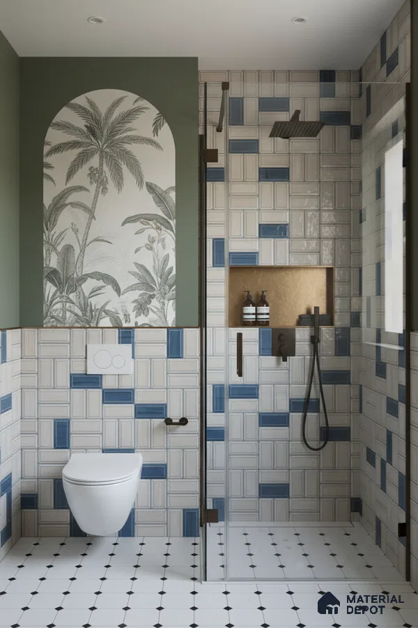 Modern bathroom with blue geometric wall tiles, tropical accent tile, and white geometric floor tiles | Material Depot