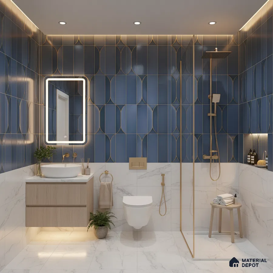 Modern bathroom with blue geometric wall tiles, white marble-look floor and wall tiles, and floating wood vanity | Material Depot